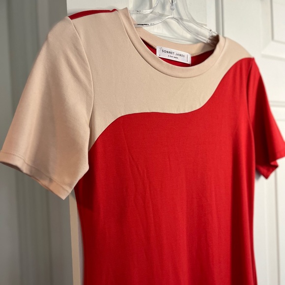 SOLD SONNET JAMES Red & Beige Abstract Swirl Short Sleeve Midi Play Dress Size S - Picture 6 of 16